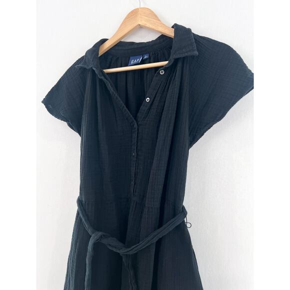 GAP Crinkle Gauze Flutter Sleeve Mini Shirtdress Black Large Belted Casual Indie - Picture 6 of 9